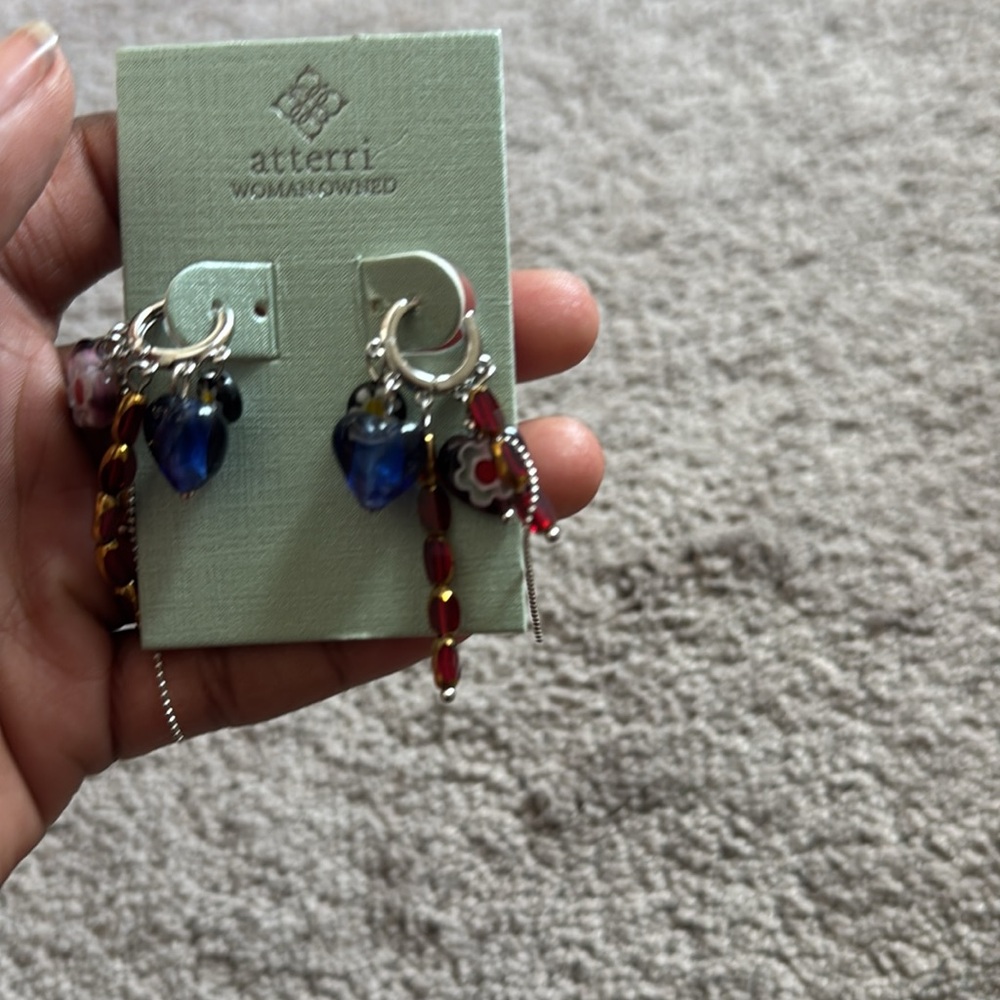 Atterri Multicolor Glass Beaded Charm Dangle Earrings Heart Floral Boho NWT - Picture 2 of 4